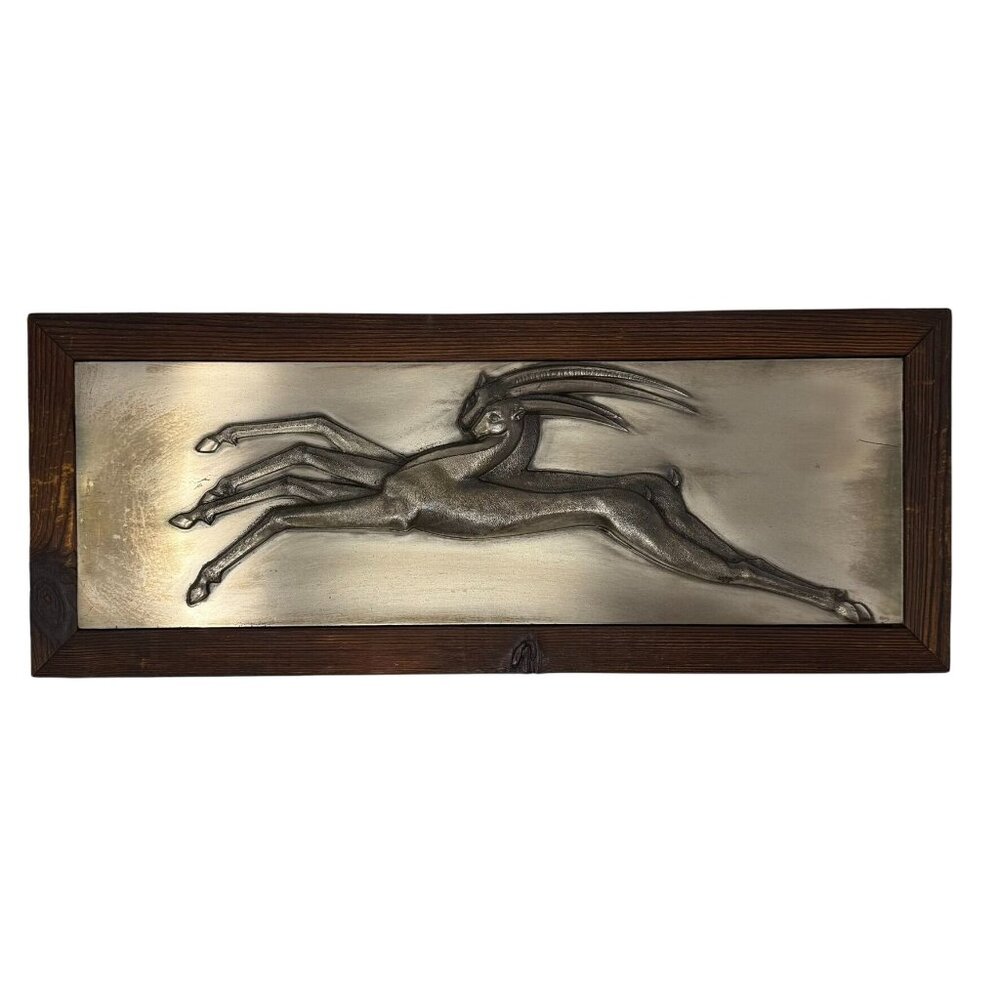Vintage Silver Plated Antelope Wall Plaque Wildlife Relief Mid Century Metal Art